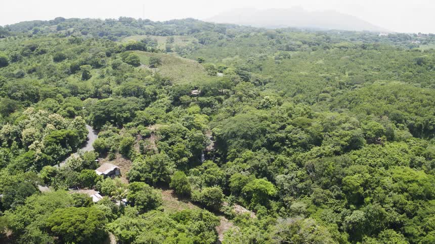 A waterfall in the middle of a jungle with a small village nearby