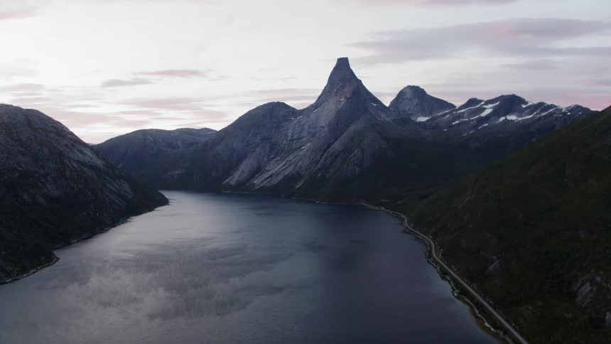 Aerial shot of fjord at dusk