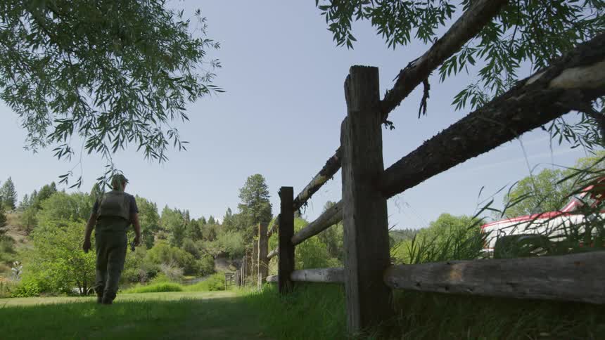 A person walks alongside a wooden fence in the country