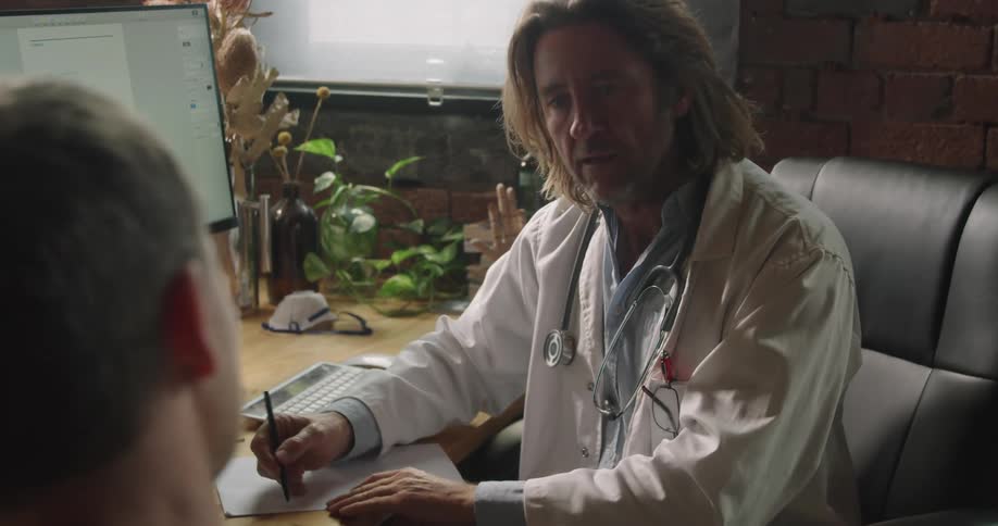 A doctor sitting in his office at his desk draws on a piece of paper as he explains to a patient