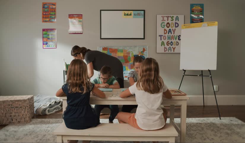 Children skip into the room and sit down on benches at a table as their mom hands out paper to begin a home schooling session