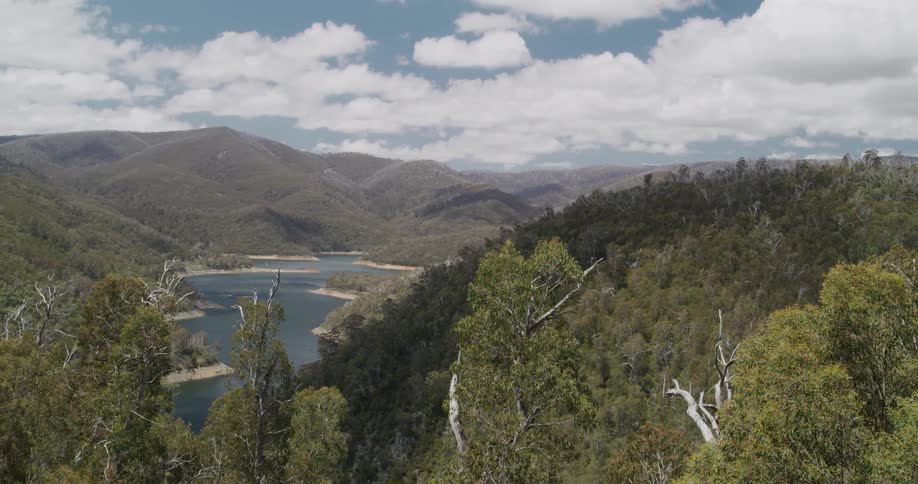 A river running between a series of hills covered in trees