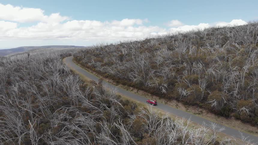 A red vehicle drives down a narrow road in a rural area