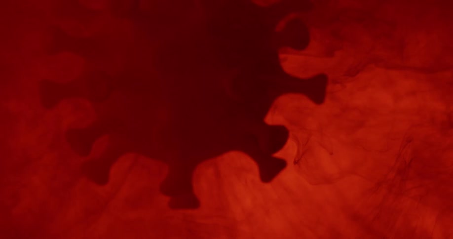 A microscopic presentation of a coronavirus with many projections in a red blood stream