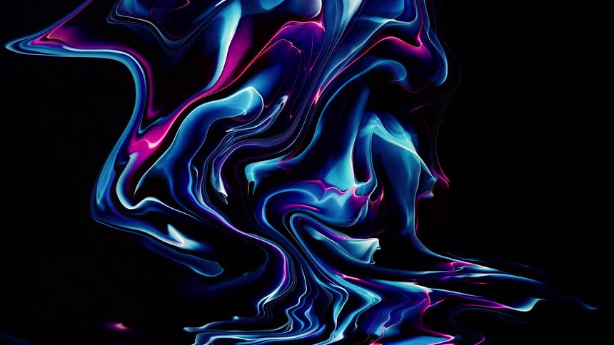 A graphic made up of blue and pink swirls grows larger against a black background