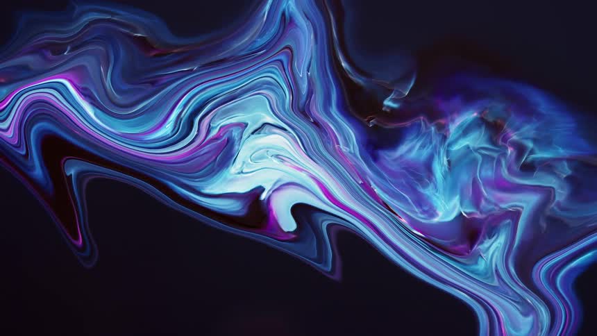 Ribbons and streams of blue flow and swirl in an abstract on a dark background