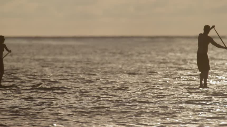 A person standing on a surfboard paddles in the ocean at dusk