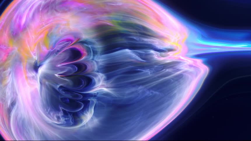Circular blob of various bright glowing colors shines against dark blue background as it stretches and expands