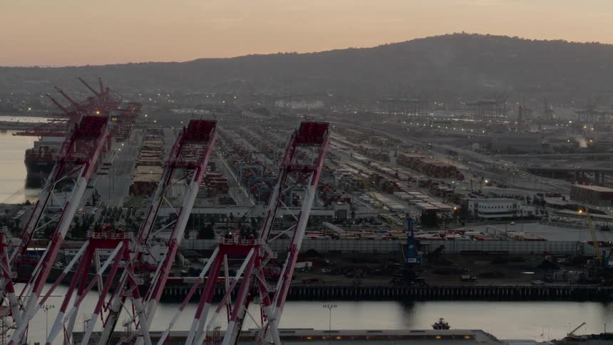 Aerial shot of a harbor at dawn