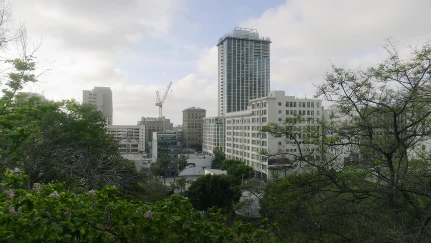 View of the city buildings over garden trees during lockdown caused by coronavirus