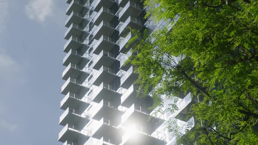 The sun hits the building