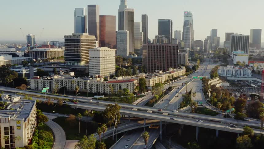 Aerial view of dense urban downtown skyscrapers