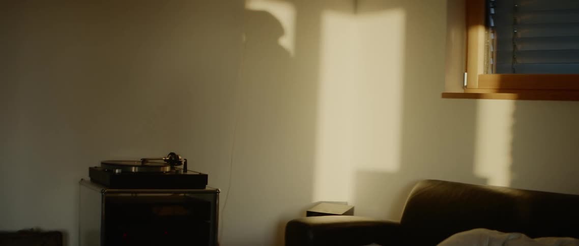 Sun entering room casts shadow of person onto wall near unmade bed of sleeper sofa