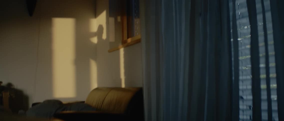 A room with a window and a couch with a shadow of a person dancing