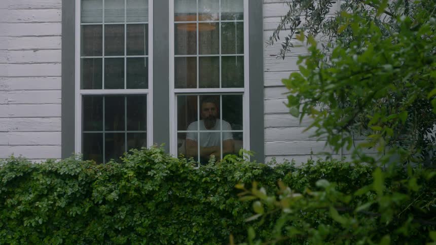 A man looks out a house window