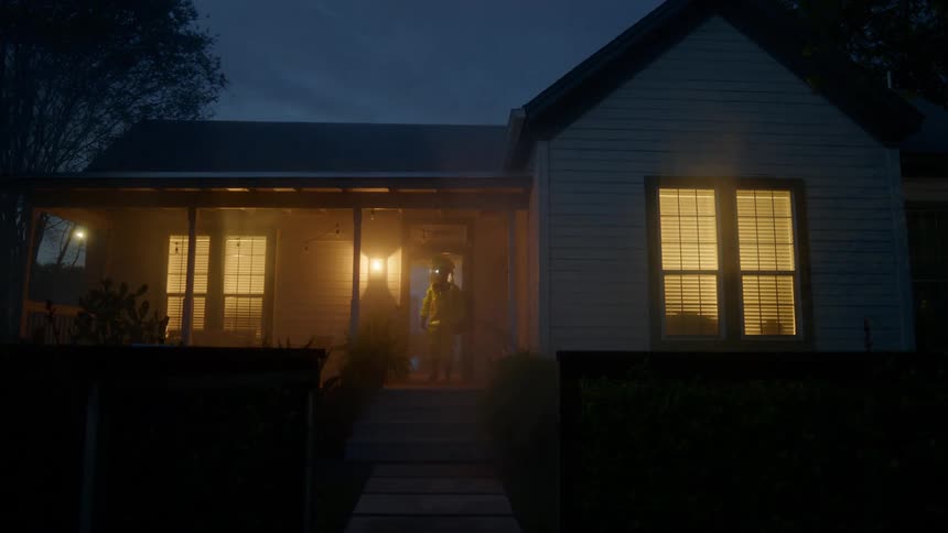 A person with a hazmat suit walking out of a house and standing in the doorway