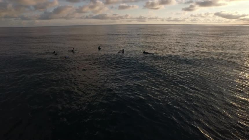 Surfers sit and rest on their boards in the ocean