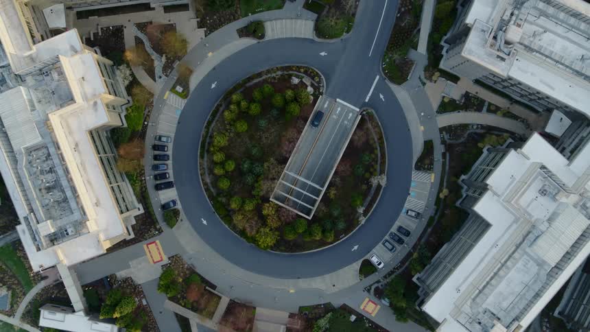 Aerial view of a corporate campus circle drive