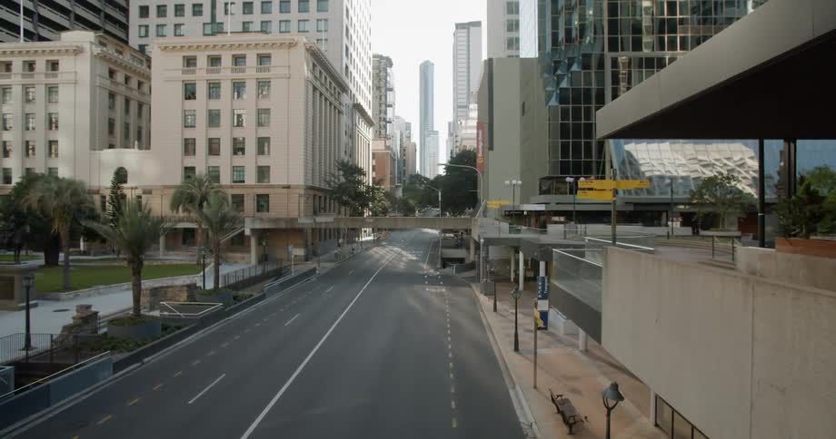 An empty city street with trees buildings and skyscrapers