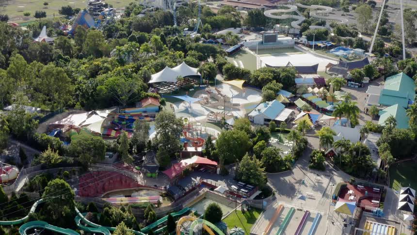 Aerial of deserted water park during the off season