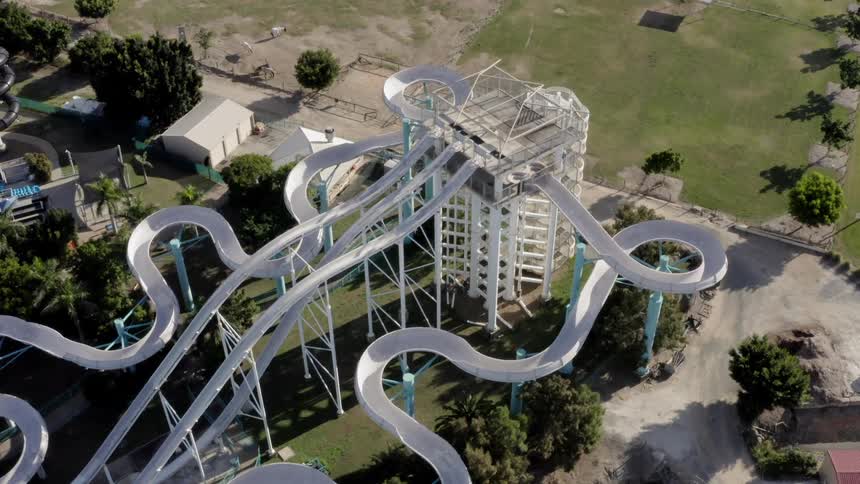 Aerial view of water slides in park at day