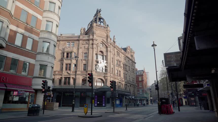 The empty streets and sidewalks around the hippodrome casino in leicester square