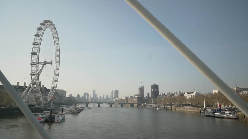 Boats and ferry on a quiet river with a still ferris wheel and city skyline behind
