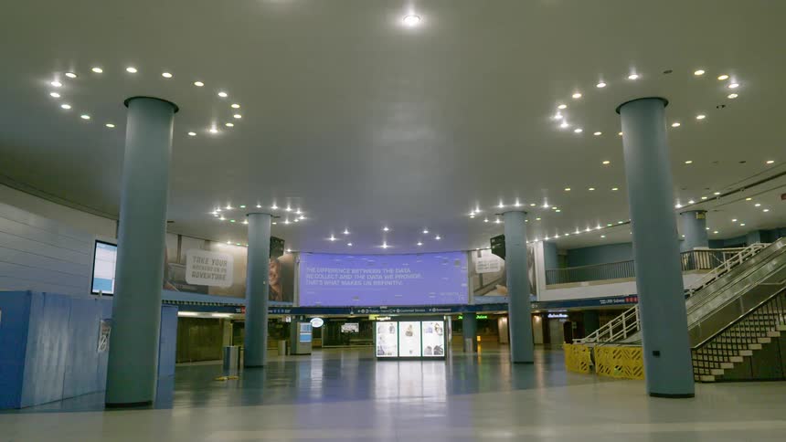 Deserted lobby of convention center with lights on