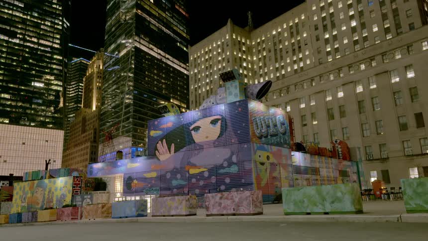 A building with a mural with buildings and skyscrapers in the background