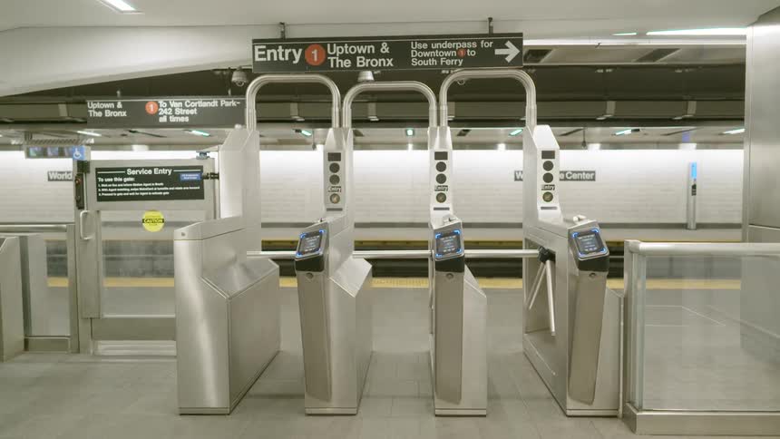 An electronic turnstile in a subway terminal