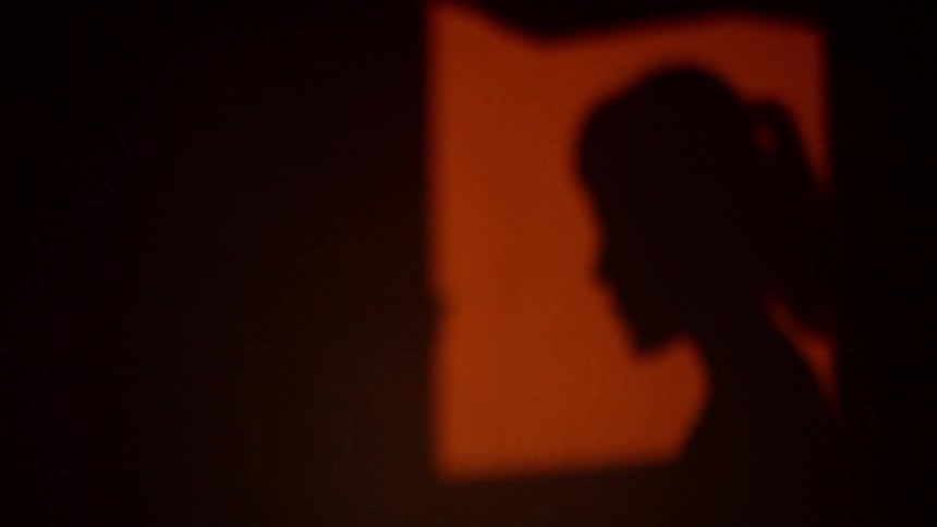 Portrait of womans head reflected on the wall