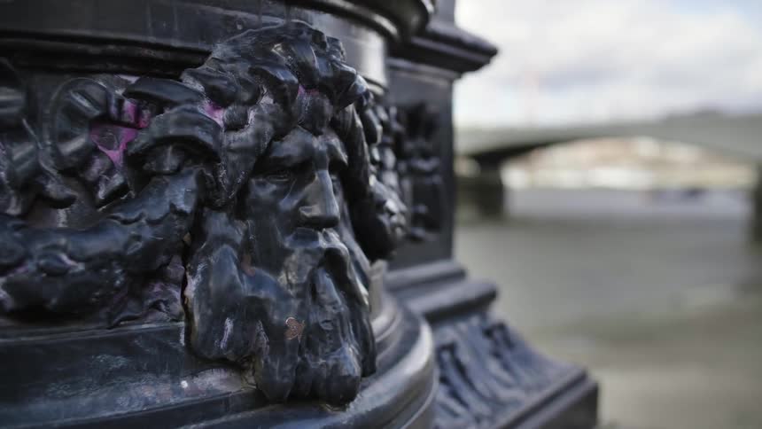 A sculpture is displayed in a city