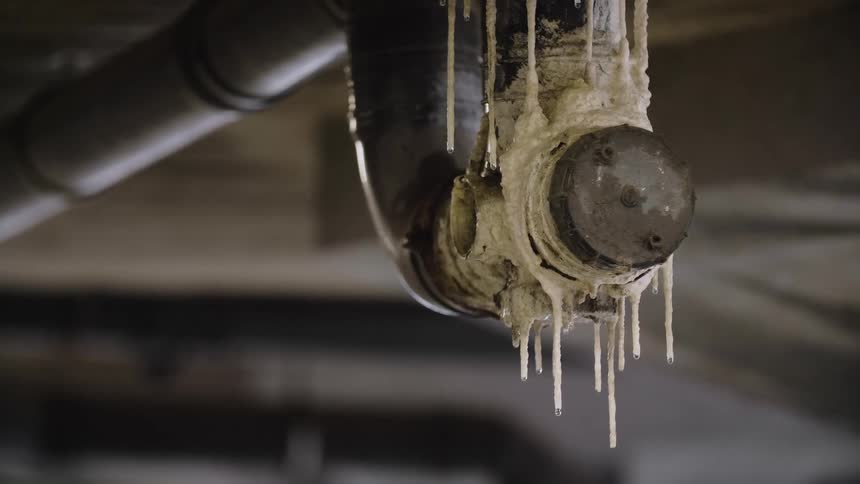 Drips fall from ice around a piece of machinery