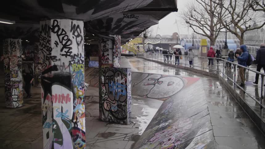 A city sidewalk with a underpass and a skate park