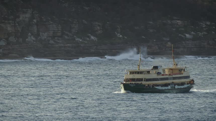 Ferry carries passengers and travels across the sea