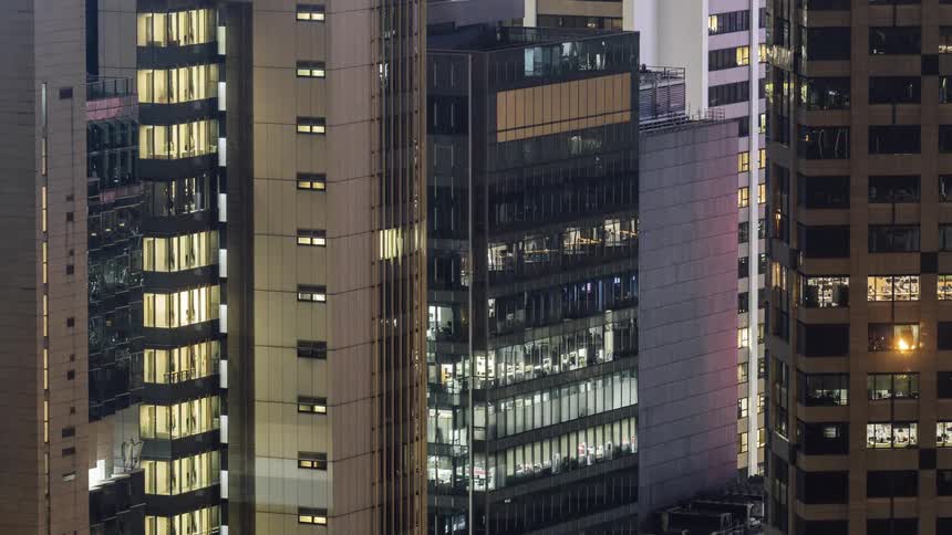 Exterior view of the office buildings at night