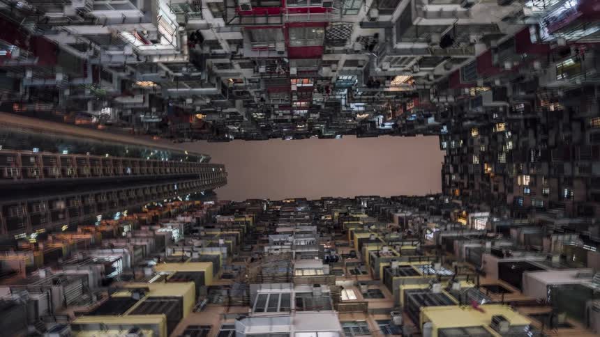 Spinning aerial view of a congested city