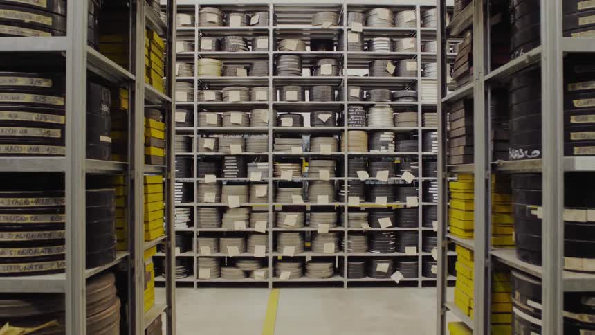 Shelves with film reels on them in a warehouse