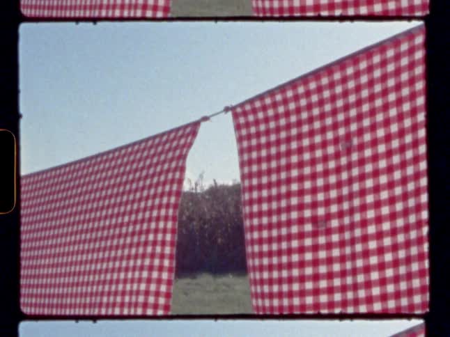 Red and white sheets on a clothesline blowing in the wind