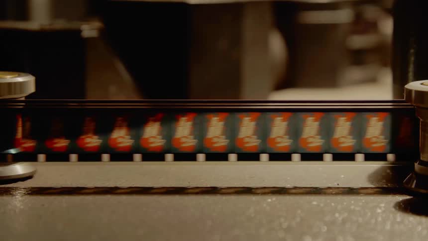 A film reel rolling on two small wheels