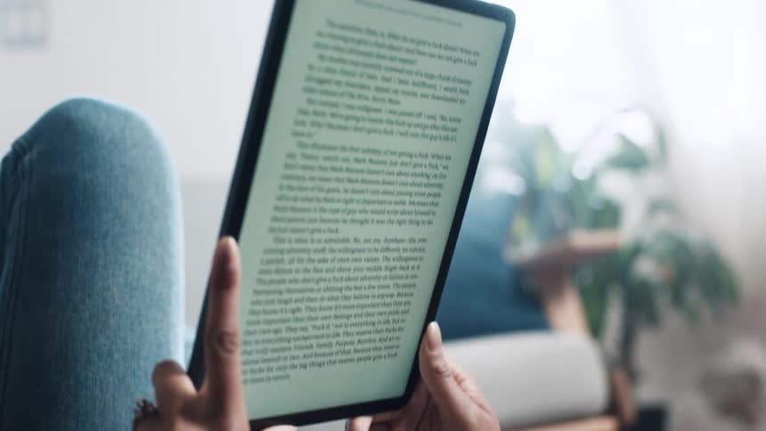 Person relaxing indoors reading on from a tablet