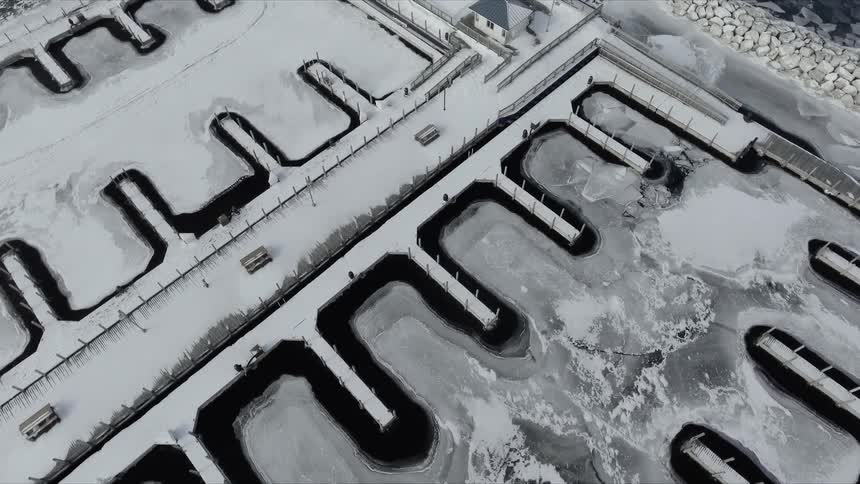 A marina frozen with ice and snow