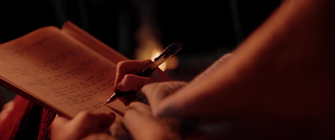 A woman sits by the fire and writes in a book