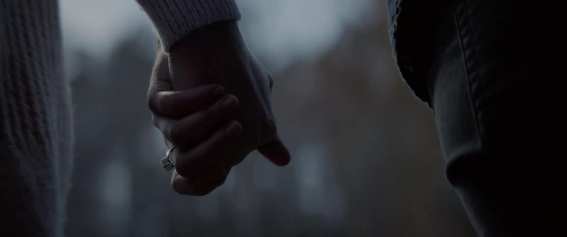 Wife and husband hold each others hands outdoors