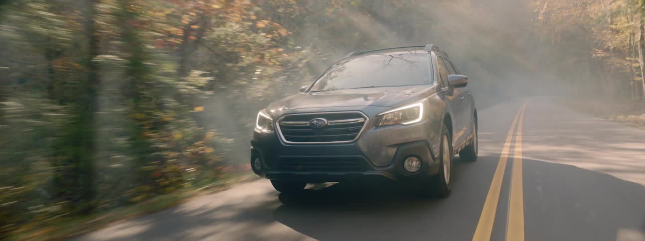 Car drives on the highway through fall woods