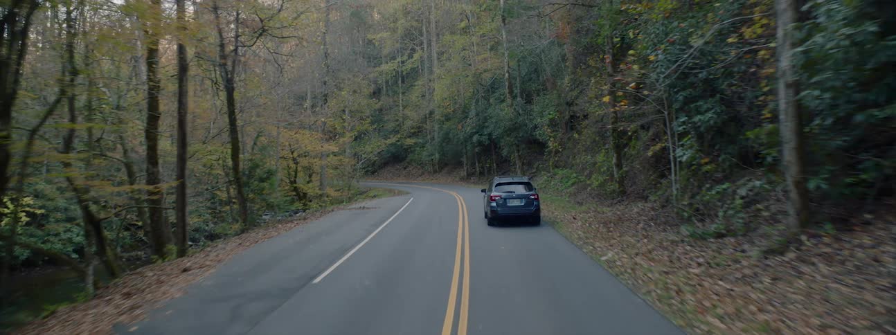 A vehicle drives a rural river side road