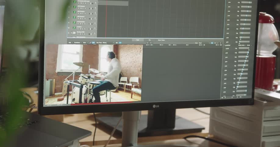 Drummer plays drums and records it on a pc computer in the office