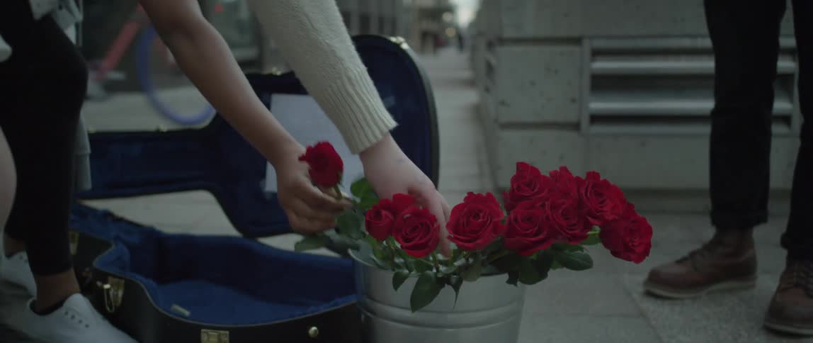A person picks up flowers from a bucket on the ground
