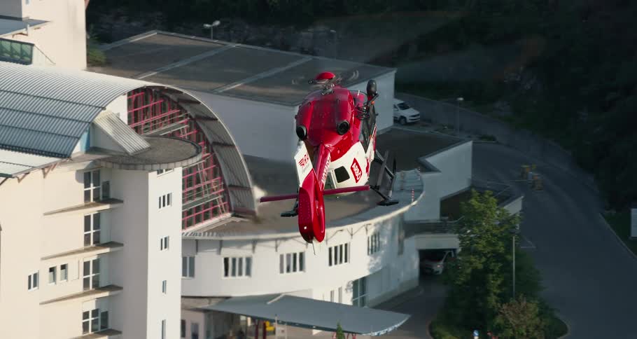 A medical helicopter arriving at a hospital
