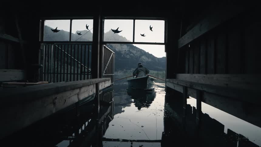 People push and row a small boat out of a boathouse onto a lake with rocky hills